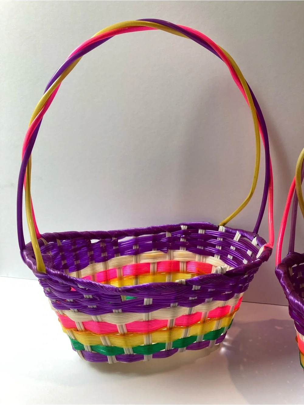 Vintage Easter Basket Set of 2 Pastel Plastic Vinyl Woven Ribbon 80s 90s Y2K VTG